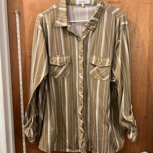 Size 3X - Eden & Olivia - Brown and White Stripe Roll Sleeve Butto-Down Blouse